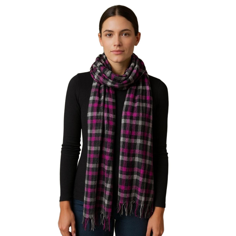 GAP Women’s Plaid Scarf Pink Black Gray Made in Italy Long Fringed Wool Blend